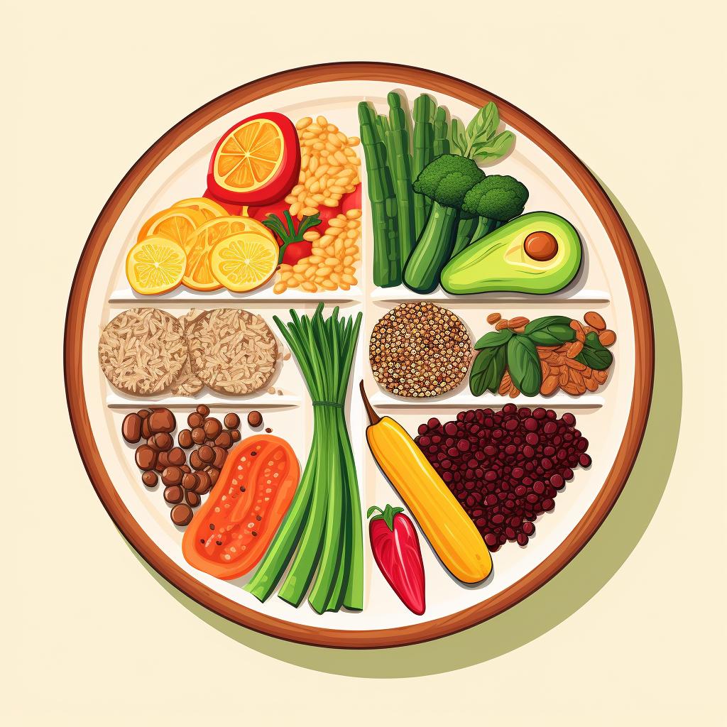 Healthy plate with balanced portions of vegetables, grains, and proteins