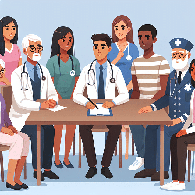 Team meeting with healthcare professionals and family