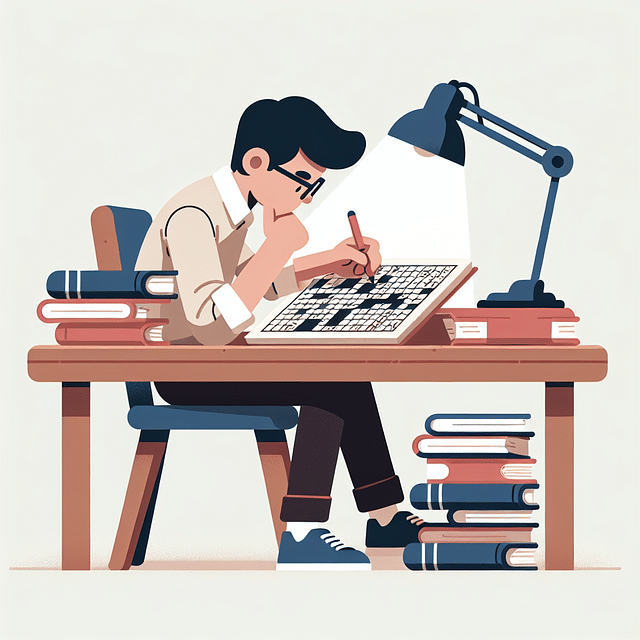 person doing a crossword puzzle with books nearby