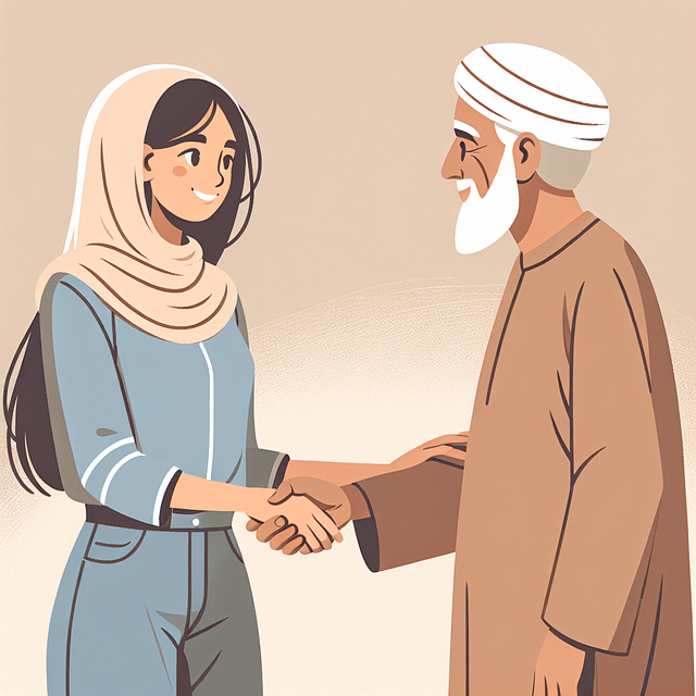 person saying thank you to an elder with a warm handshake