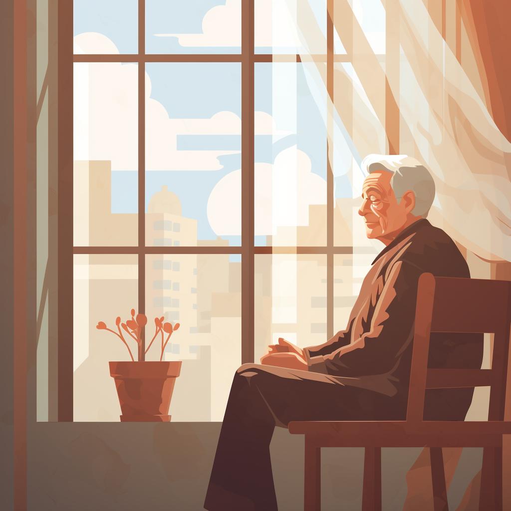 Lonely elderly person looking out a window