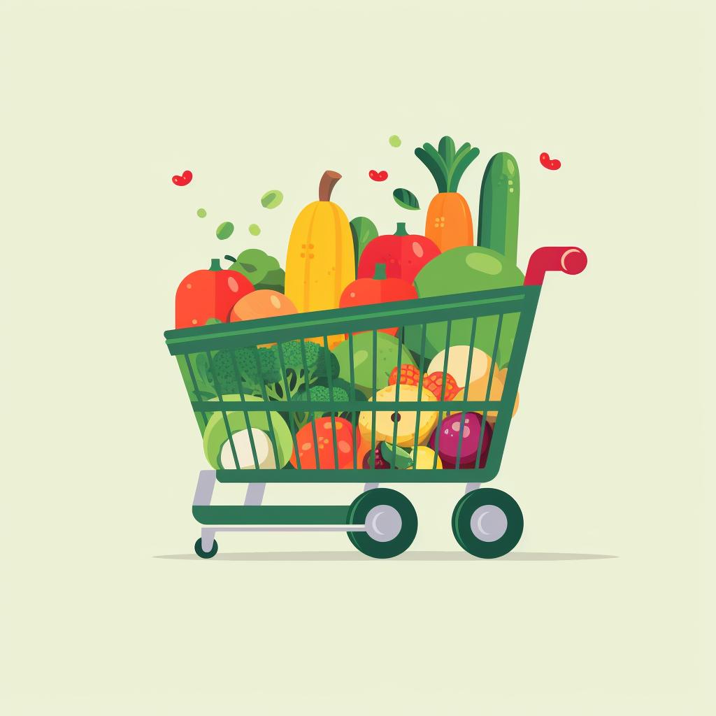 A shopping cart filled with fresh fruits and vegetables