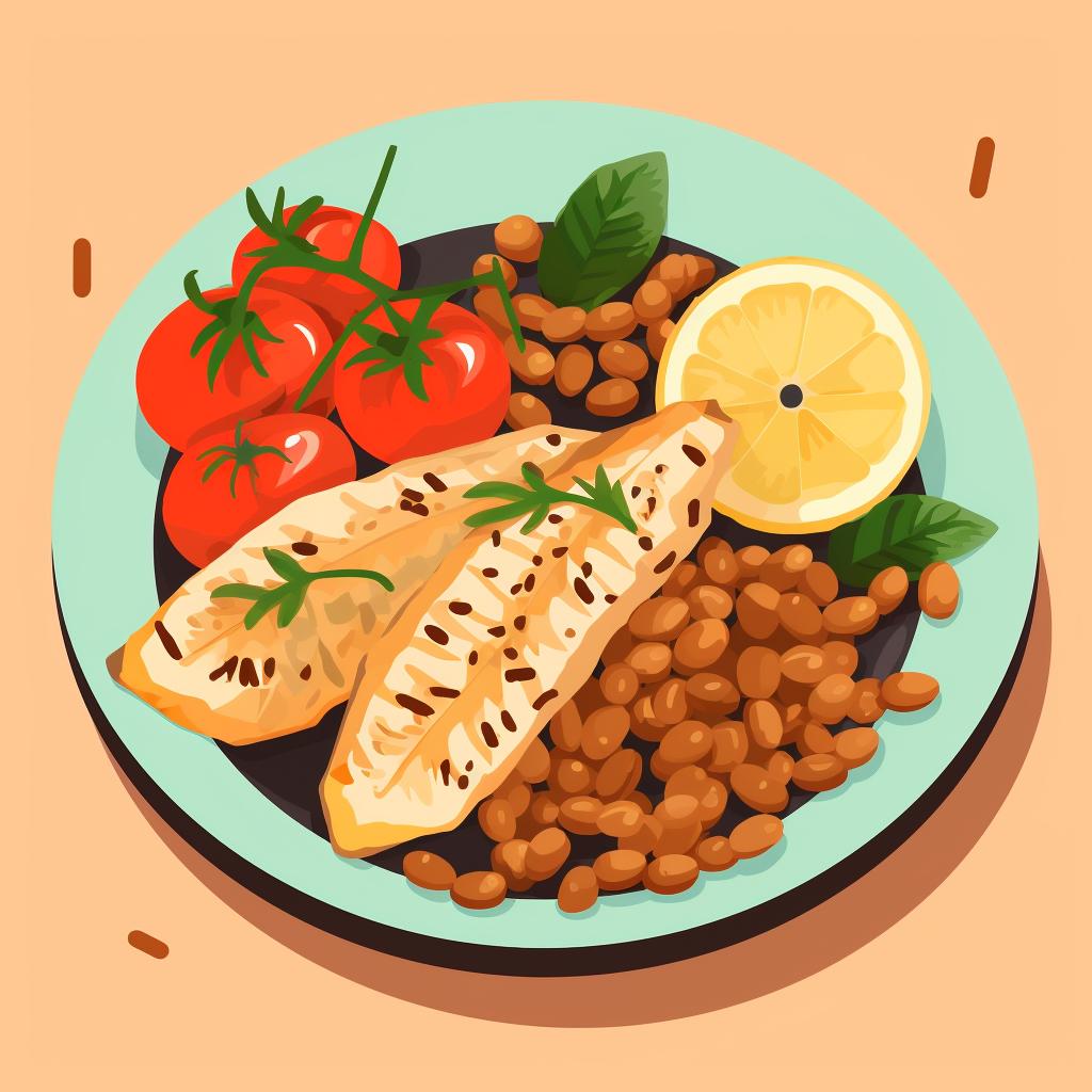 A plate of grilled chicken, fish, and a bowl of legumes